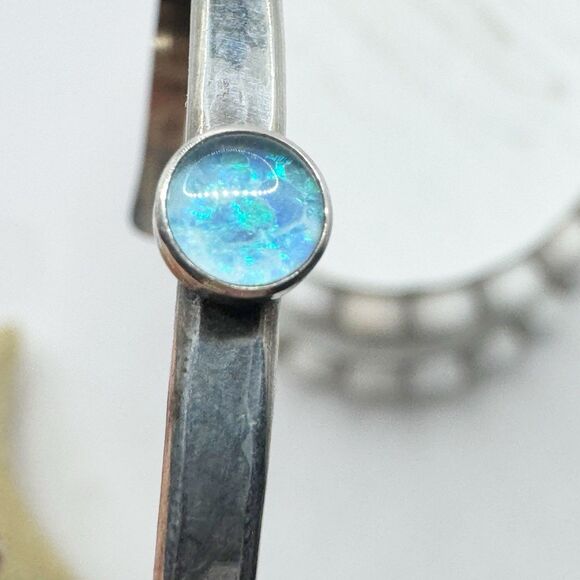 Vtg Sterling Silver Cuff Lab Created Opal Cabochon Thin Cuff Bracelet Southwest - Picture 3 of 13